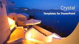  Presentation with villa - Presentation featuring sunset-villa-santorini-island-greece background and a cobalt blue colored foreground