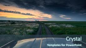  Presentation with dirt car - PPT theme enhanced with sunset with wild grass sunlight background and a ocean colored foreground