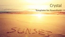  Presentation with facts and myths concept word - Slide deck having sunset written on the sand background and a cream colored foreground