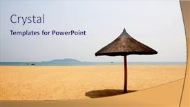 Presentation with chairs - Audience pleasing PPT theme consisting of sunshade-and-chairs-on-beach backdrop and a sky blue colored foreground