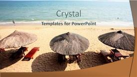  Presentation with chairs - PPT theme consisting of sunshade-and-chairs-on-beach background and a sky blue colored foreground