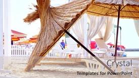  Presentation with umbrella - Amazing PPT theme having sunshade-umbrella-on-the-beach backdrop and a soft green colored foreground