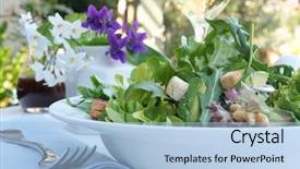  Presentation with sunshine - Cool new presentation with sunshine and salad mixed lettuce with avocado croutons walnuts at an outdoor table backdrop and a light blue colored foreground