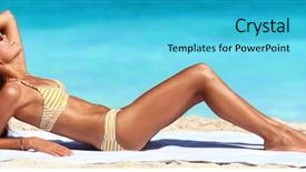  Presentation with banner blue - Colorful slides enhanced with suntan bikini woman sun tanning backdrop and a cyan colored foreground