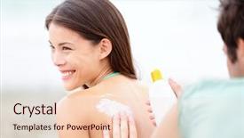  Presentation with sunscreen - Audience pleasing presentation consisting of suntan lotion sunscreen - young multiethnic couple on beach backdrop and a lemonade colored foreground