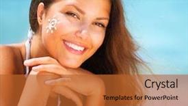  Presentation with sun tanning - Audience pleasing presentation design consisting of suntan lotion woman applying sunscreen backdrop and a red colored foreground