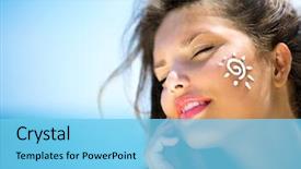  Presentation with sun tanning - Presentation design consisting of suntan lotion woman applying sunscreen background and a light blue colored foreground