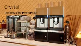  Presentation with airport lounge - Colorful PPT theme enhanced with super automatic coffee machines and hot water dispensers in an airport lounge backdrop and a gold colored foreground