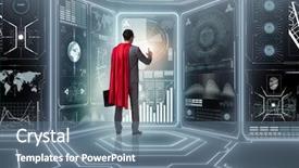  Presentation with data management - Beautiful slide set featuring super computer - superhero in data management concept backdrop and a ocean colored foreground