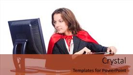  Presentation with employee anniversary work office - Audience pleasing PPT theme consisting of super computer - superwoman worker working in office backdrop and a red colored foreground