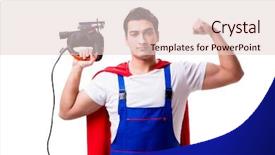 Presentation with superhero - Colorful presentation design enhanced with super craft - superhero repairman isolated on white backdrop and a lemonade colored foreground
