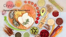  Presentation with protein food - Audience pleasing presentation theme consisting of super food selection for good health with foods high in protein antioxidants vitamins fibre anthocyanins omega 3 flat lay backdrop and a coral colored foreground