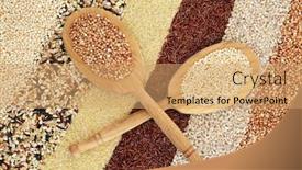  Presentation with wood wood grain - Colorful presentation enhanced with super grain health food with puffed quinoa multi grains bulghur wheat red rice pearl barley buckwheat with natural oak wood spoons high in fibre antioxidants protein minerals vitamins backdrop and a coral colored foreground