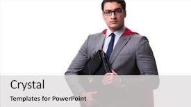  Presentation with super hero - Slides having super hero businessman isolated background and a  colored foreground