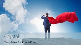  Presentation with super hero - Slide deck featuring super hero businessman on top of building ready for challenge background and a light blue colored foreground