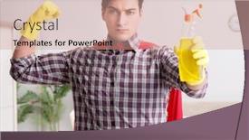  Presentation with hero - PPT layouts consisting of super-hero-cleaner-doing-housework background and a coral colored foreground