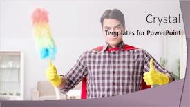 Presentation with super hero - Colorful presentation theme enhanced with super-hero-cleaner-doing-housework backdrop and a light gray colored foreground
