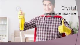  Presentation with super hero - Presentation theme having super hero cleaner doing housework background and a white colored foreground