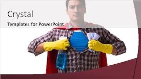  Presentation with super hero - Cool new slides with super hero cleaner isolated on white backdrop and a light gray colored foreground