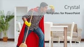  Presentation with hero - Audience pleasing PPT theme consisting of super-hero-cleaner-working backdrop and a light gray colored foreground