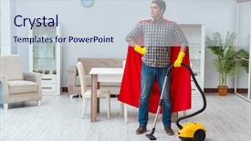  Presentation with super hero - Slide deck having super hero cleaner working at home background and a sky blue colored foreground