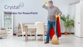  Presentation with hero - Audience pleasing presentation theme consisting of super hero cleaner working at home backdrop and a sky blue colored foreground