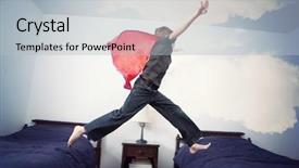  Presentation with super hero - Cool new slide deck with super hero flying into imagination backdrop and a light gray colored foreground