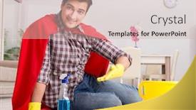  Presentation with super hero - Presentation design having super-hero-husband-cleaning-floor background and a soft green colored foreground