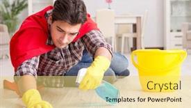  Presentation with super hero - Slide deck with super-hero-husband-cleaning-floor background and a yellow colored foreground