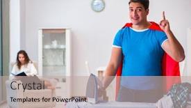  Presentation with super man - Audience pleasing PPT layouts consisting of super hero man husband ironing at home helping his wife backdrop and a mint green colored foreground