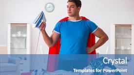  Presentation with super man - Colorful PPT theme enhanced with super hero man husband ironing at home backdrop and a teal colored foreground