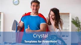  Presentation with super man - Slide set consisting of super hero man husband ironing at home helping his wife background and a teal colored foreground