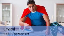  Presentation with super man - Audience pleasing PPT theme consisting of super hero man husband ironing at home backdrop and a teal colored foreground