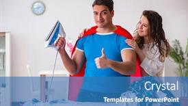  Presentation with super man - Colorful slide deck enhanced with super hero man husband ironing at home helping his wife backdrop and a teal colored foreground