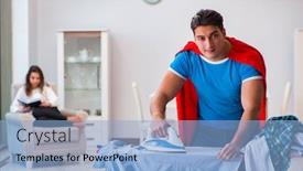  Presentation with super man - Beautiful PPT theme featuring super hero man husband ironing at home helping his wife backdrop and a light blue colored foreground