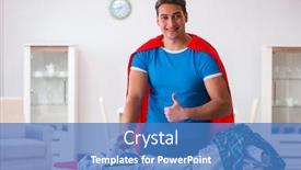  Presentation with super man - Audience pleasing theme consisting of super hero man husband ironing at home backdrop and a teal colored foreground