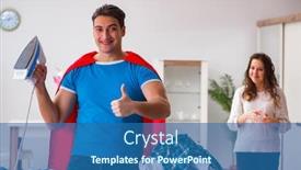  Presentation with super man - Theme enhanced with super hero man husband ironing at home helping his wife background and a ocean colored foreground