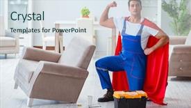  Presentation with hero - Audience pleasing slides consisting of super hero repairman working at home backdrop and a sky blue colored foreground