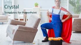  Presentation with hero - PPT theme consisting of super hero repairman working at home background and a sky blue colored foreground