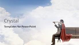  Presentation with super hero - Slide set with super hero sitting on bench and looking in spyglass background and a sky blue colored foreground