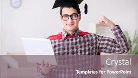  Presentation with super hero - Colorful PPT theme enhanced with super hero student wearing mortarboard and holding a laptop backdrop and a gray colored foreground