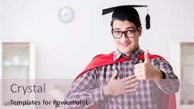  Presentation with super hero - PPT theme featuring super hero student wearing mortarboard in a red cloak background and a soft green colored foreground