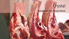  Presentation with meat - PPT theme consisting of uncooked meat hanging on hooks background and a coral colored foreground