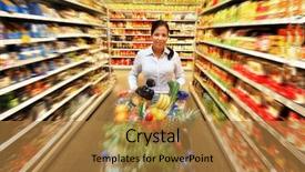  Presentation with supermarket - PPT theme with marketing services - woman in a supermarket background and a gold colored foreground