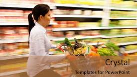  Presentation with supermarket - Presentation theme with super market - young woman with shopping cart background and a coral colored foreground