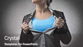  Presentation with superhero businesswoman - PPT theme with super power - businesswoman opening his shirt background and a dark gray colored foreground