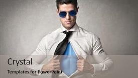  Presentation with superhero - Presentation design with super power - office worker with sunglasses opening background and a light gray colored foreground