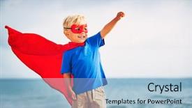  Presentation with super kid - Audience pleasing PPT theme consisting of super power - superhero kid backdrop and a light blue colored foreground