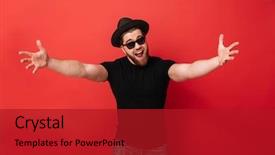  Presentation with black man fashion - Colorful slides enhanced with super star - photo of funny glad man backdrop and a crimson colored foreground