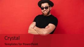  Presentation with hat - PPT theme enhanced with super star - portrait of irresistible stylish man background and a crimson colored foreground